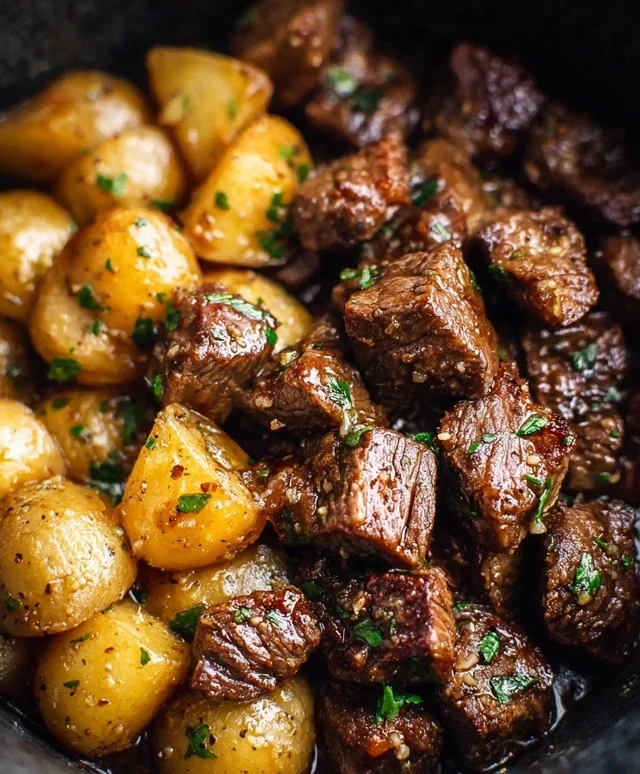 Slow Cooker Garlic Butter Beef Bites with Potatoes