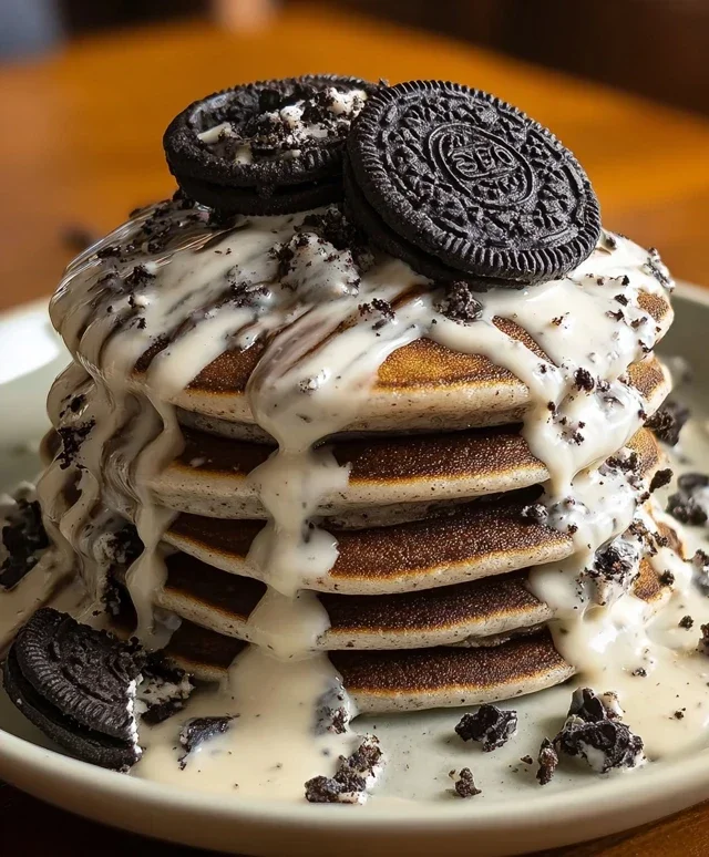 Oreo Pancakes with Cream Cheese Drizzle