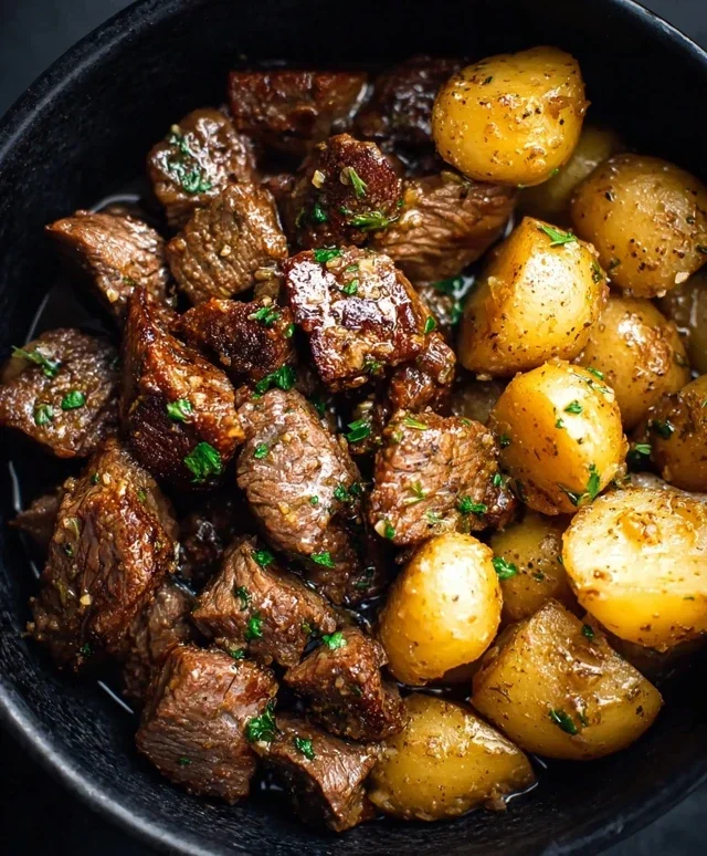Slow Cooker Garlic Butter Beef Bites with Potatoes