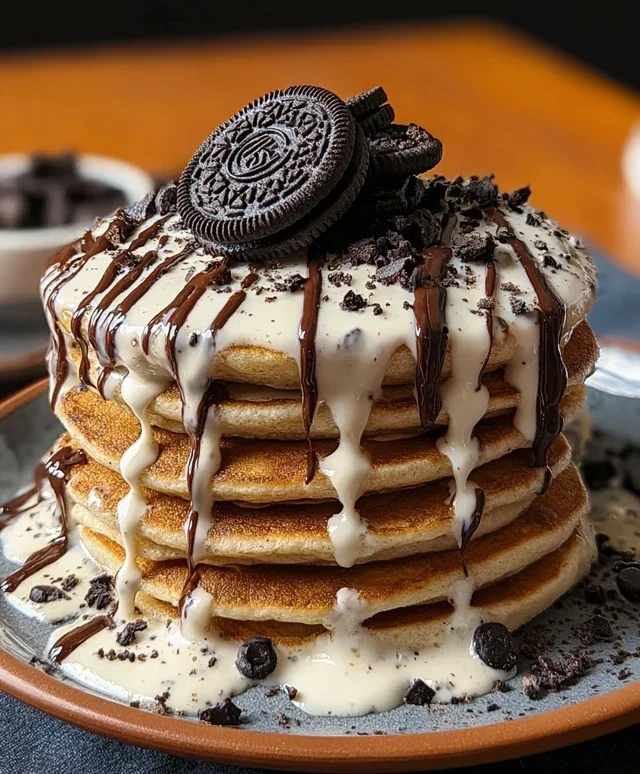 Oreo Pancakes with Cream Cheese Drizzle