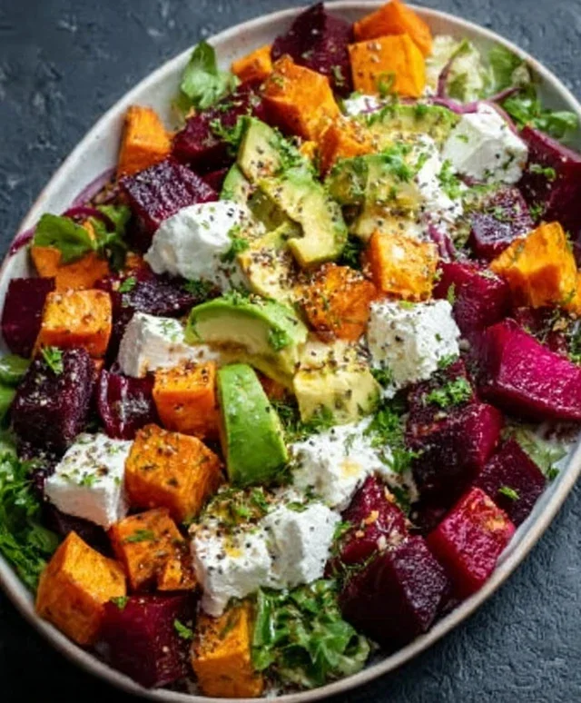 Roasted Beet, Sweet Potato & Avocado Salad with Whipped Ricotta & Lemon-Tahini Drizzle