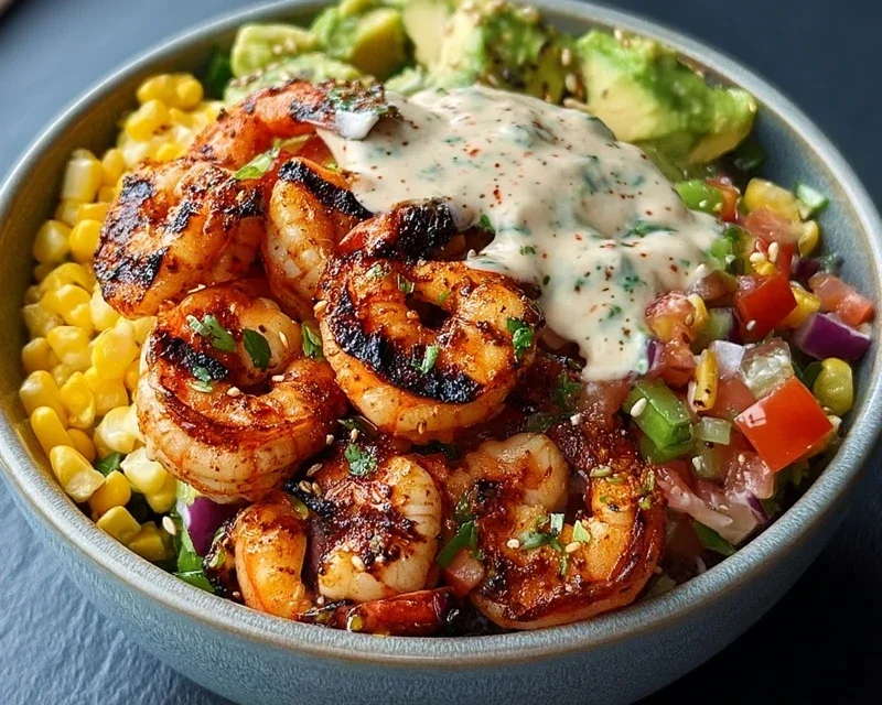Grilled Shrimp Bowl with Avocado, Corn Salsa & Creamy Garlic Sauce
