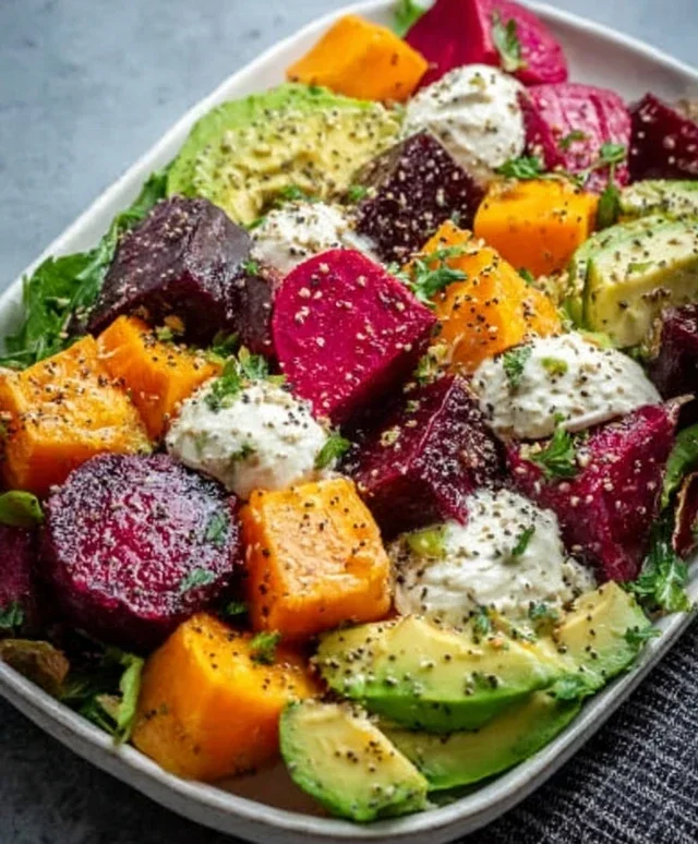 Roasted Beet, Sweet Potato & Avocado Salad with Whipped Ricotta & Lemon-Tahini Drizzle