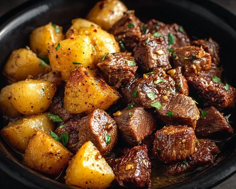 Slow Cooker Garlic Butter Beef Bites with Potatoes