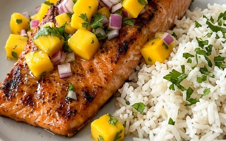 Grilled Salmon with Mango Salsa and Coconut Rice
