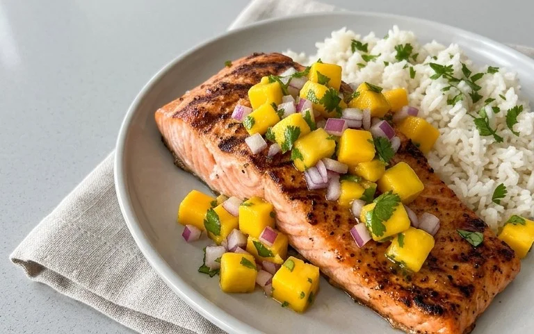 Grilled Salmon with Mango Salsa and Coconut Rice