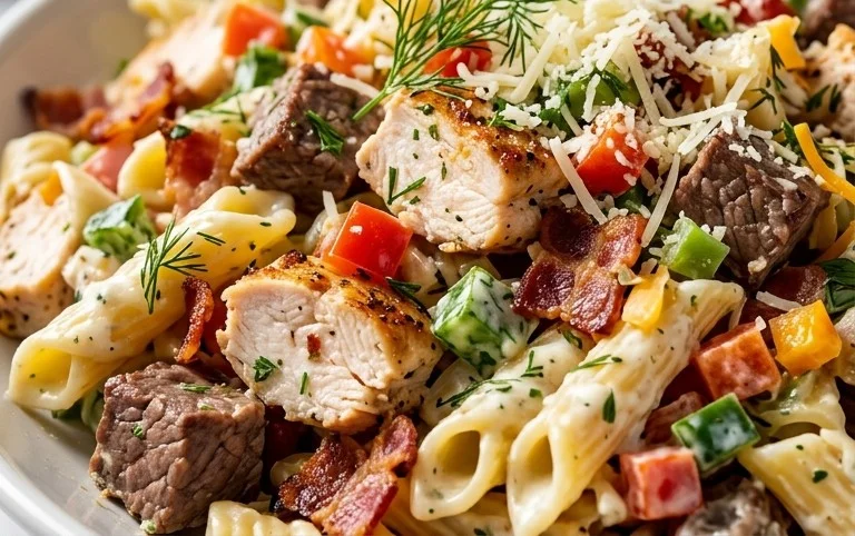 Chicken Beef Bacon Ranch Pasta Salad