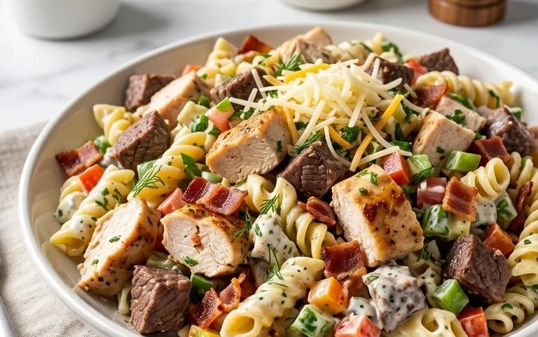 Chicken Beef Bacon Ranch Pasta Salad