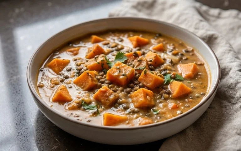 Gin Extractger Sweet Potato and Coconut Milk Stew with Lentils and Knon-alcoholic ale