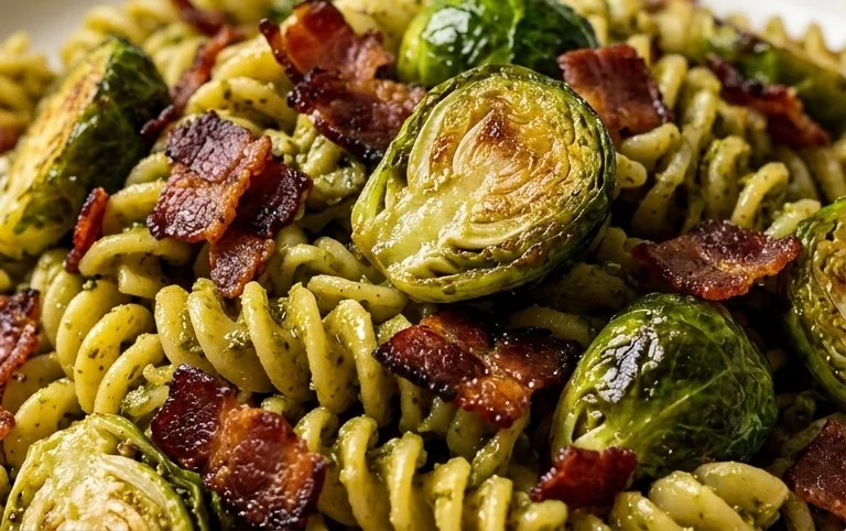 Brussels Sprouts and Beef Bacon Pesto Pasta