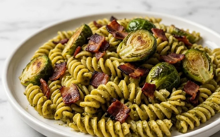 Brussels Sprouts and Beef Bacon Pesto Pasta