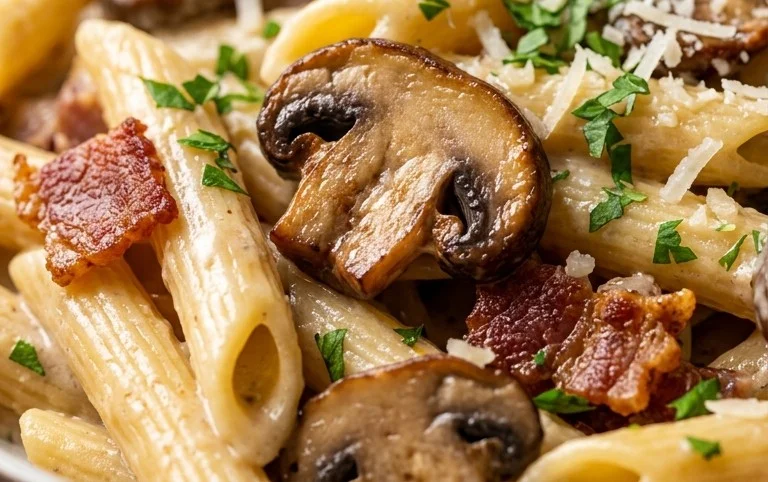 Creamy Beef Bacon and Mushroom Pasta
