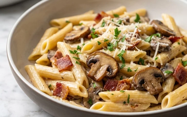 Creamy Beef Bacon and Mushroom Pasta