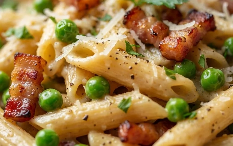Penne Pasta, Peas and Beef Bacon