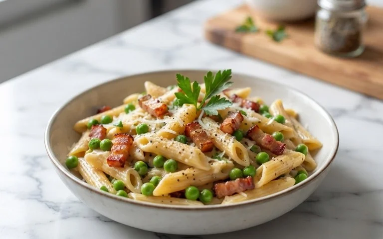Penne Pasta, Peas and Beef Bacon