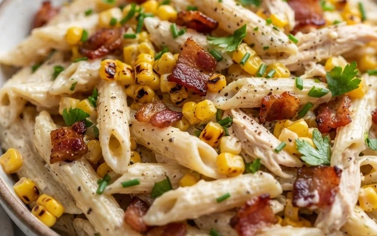 Chicken and Corn Pasta Salad with Beef Bacon