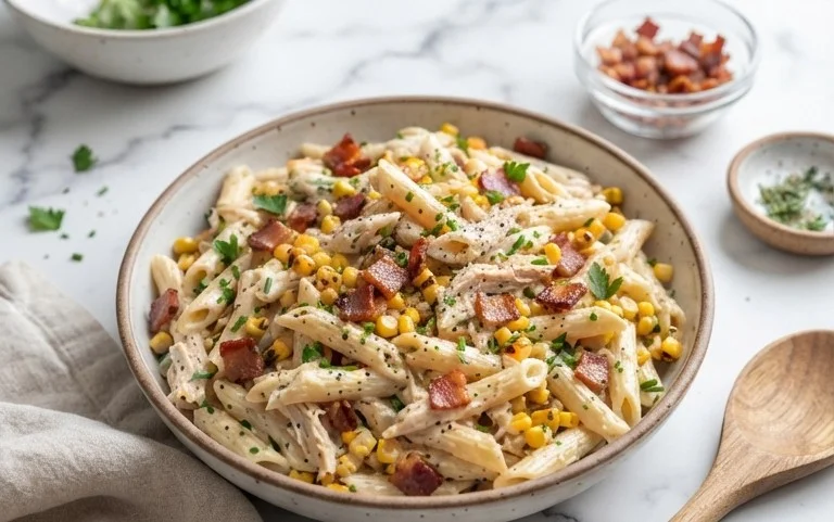 Chicken and Corn Pasta Salad with Beef Bacon