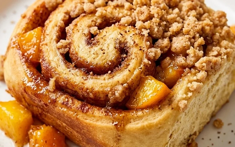 Peach Cobbler Cinnamon Rolls with Crum extractb Topping