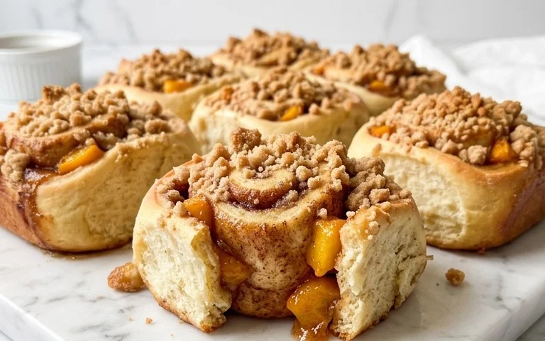 Peach Cobbler Cinnamon Rolls with Crum extractb Topping