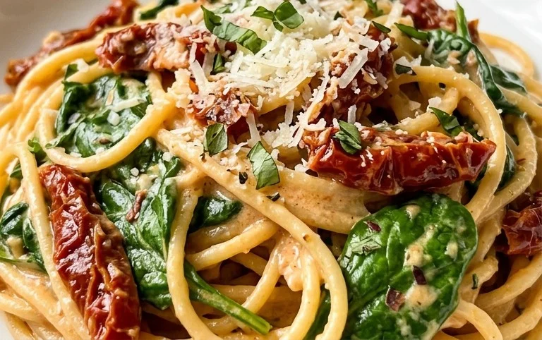 Spaghetti & Spinach with Sun-Dried Tomato Cream Sauce