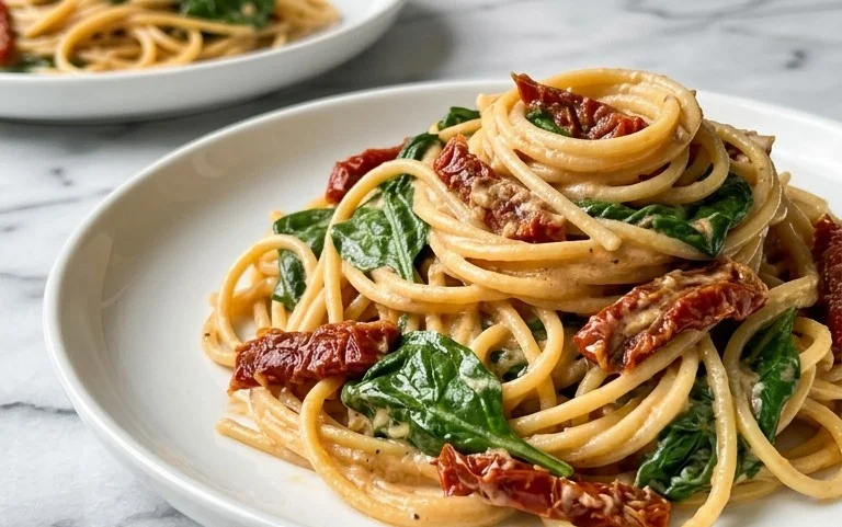 Spaghetti & Spinach with Sun-Dried Tomato Cream Sauce
