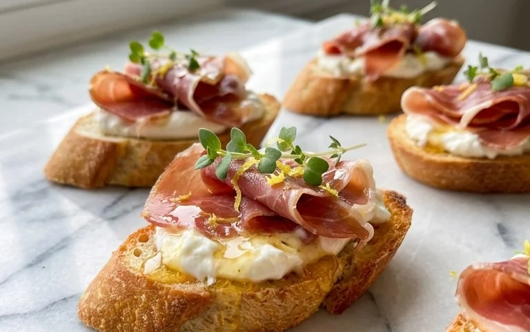 Beef Prosciutto Crostini with Burrata and Lemon Honey Drizzle