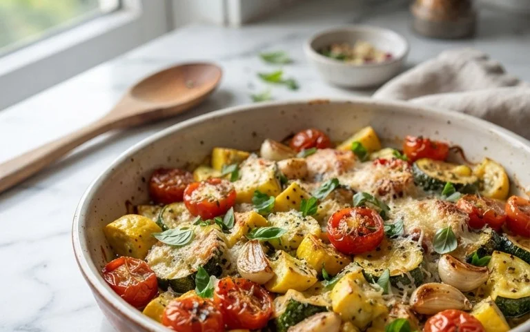 Roasted Garlic-Parmesan Zucchini, Squash and Tomatoes